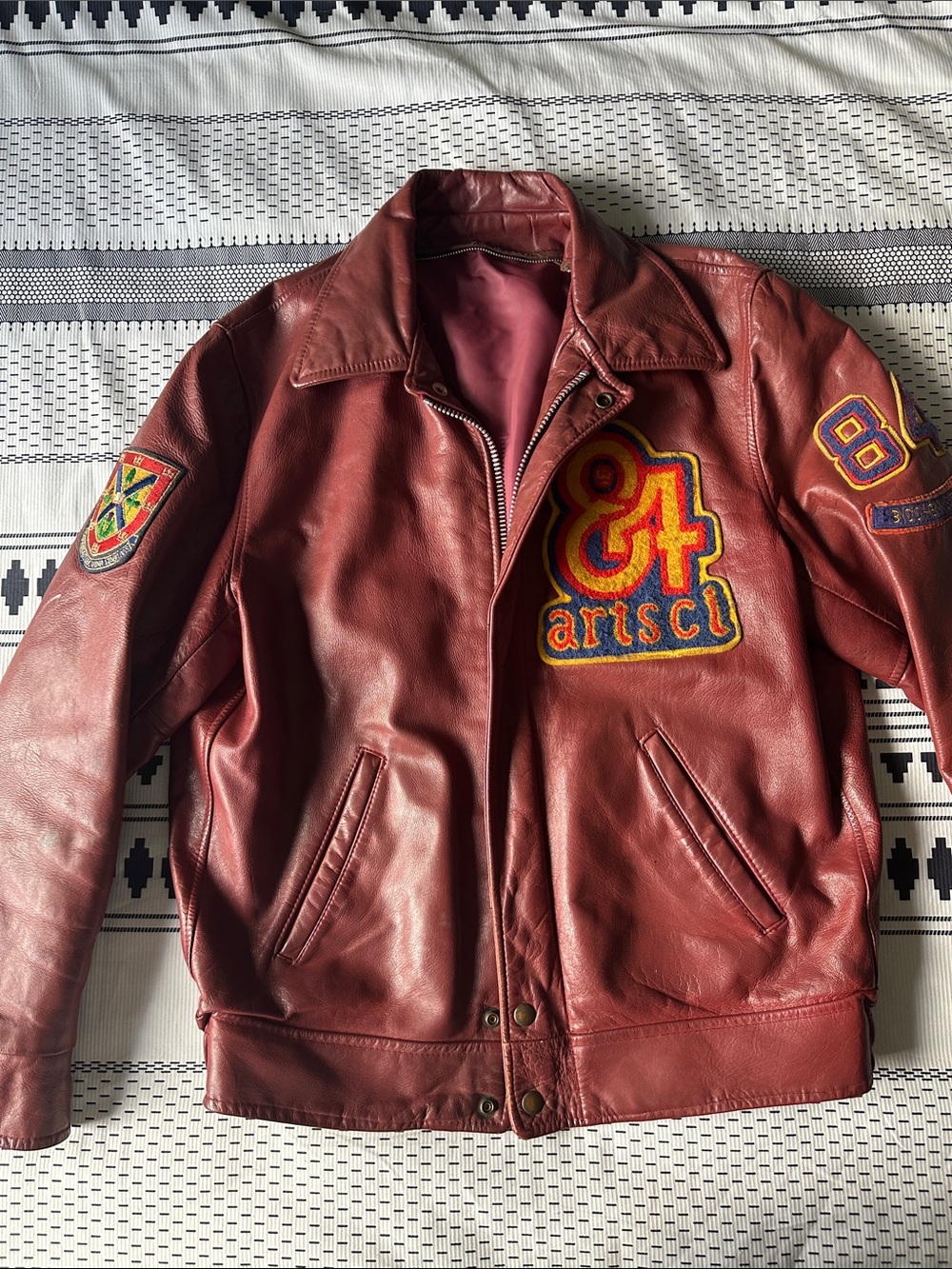 Vintage 1984 Maroon Leather Varsity Bomber Jacket with Embroidered Patches